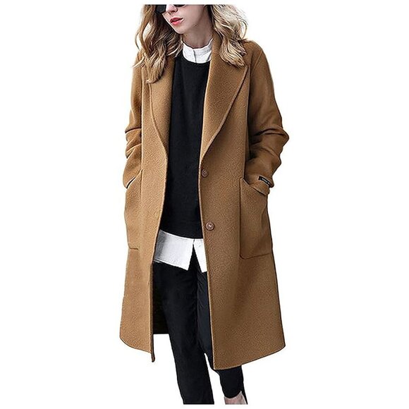 Women's Winter Casual Single Breasted Long Wool Coat Camel